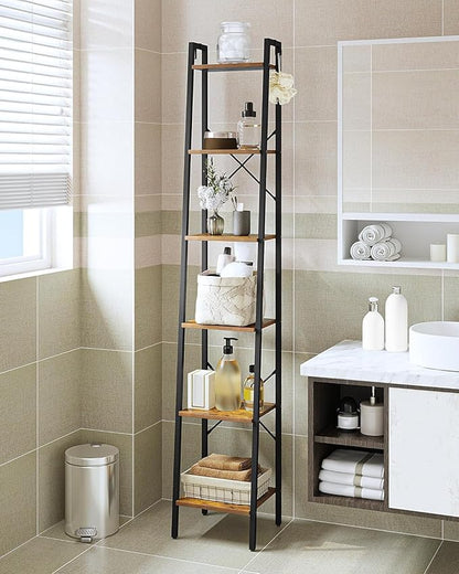 Ladder Shelf, Bookshelf Bookcase, Freestanding Corner Storage Shelve with 2 Hooks for Home Office, Living Room, Kitchen, Bedroom, Industrial, 11.8"D x 13.4"W x 72.8"H, Rustic Brown BC13301B