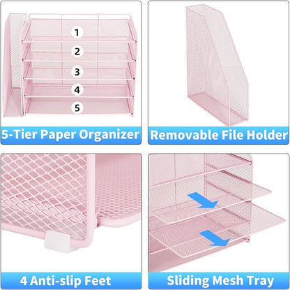 OPNICE Desk Organizer, 5-Tier Paper Organizer Letter Tray with Magazine Holder, Office Desk Accessories & Workspace Organizers, Desktop File Organizer for Office Supplies Storage, Pink