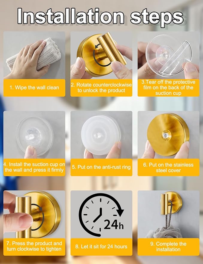 4-Pack Suction Cup Hooks, Heavy Duty 11lb Capacity Shower Hooks for Towels, No-Drill Mounting on Bathroom Glass Mirror Tiles & Smooth Non-Porous Surfaces (Gold)