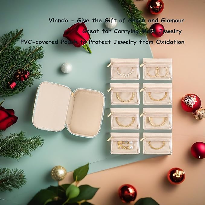 Vlando Travel Jewelry Box Organizer - 8 Small Velvet Zipped Pouches Pockets for Jewelries Necklaces Rings Earrings Sorting Storage, Offwhite