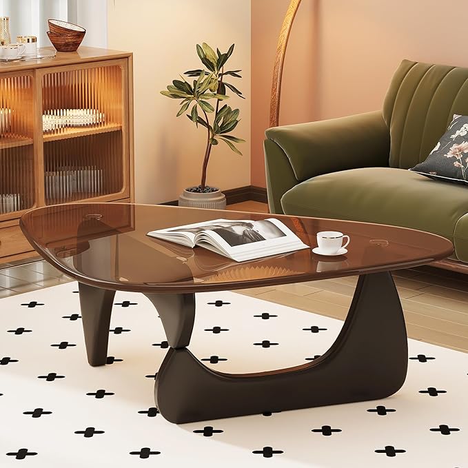 Coffee Table for Living Room Mid Century Modern Center Table with Glass Top and Wood, 32 Inch, Brown/Black