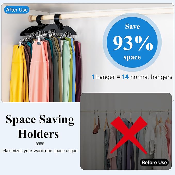 Leggings Hangers for Closet, Black Pants Hangers with Clips Space Saving, 2-Pack Closet Organizers and Storage Hanging 28 Leggings for Dorm Room Gym Organization