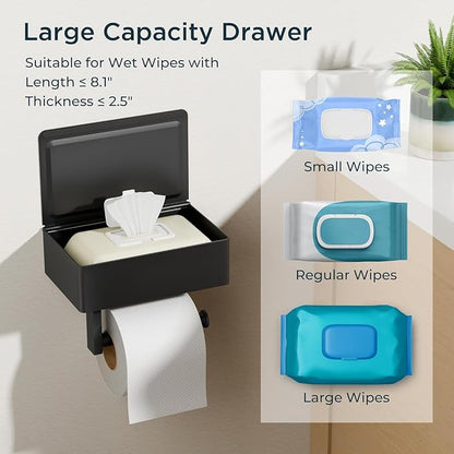 FORIOUS Toilet Paper Holder with Shelf, Sanitary Napkin Receptacle Tampon Holder, Wall Mount Toilet Paper Holder with Storage, Flushable Wipes Dispenser Fits for Bathroom Commercial(2, Matte Black)