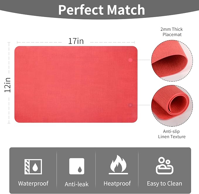 Maxpearl Faux Leather Placemats Set of 8 - Waterproof - Wipe Clean - Heat Resistant - Anti Slip Dining Table Place Mats, Suitable for Indoor & Outdoor Use, 17’’×12’’, Light Red