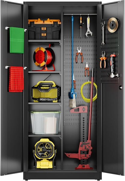 Aobabo Broom Closet Storage Cabinet, Lockable Garage Storage Cabinet for Home Garage, 71.41" H×31.53" W×15.74" D, Assembly Required, Black