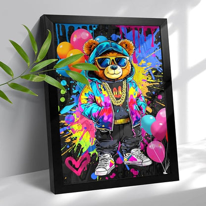 Graffiti Bear With Hands In Pockets And A Gold Chain For Bathroom Wall Decor Framed Cute Animal Wall Decor For Bathroom Washroom Restroom Decor Rustic Humor Wall Poster (Black Framed) 12x18 Inch