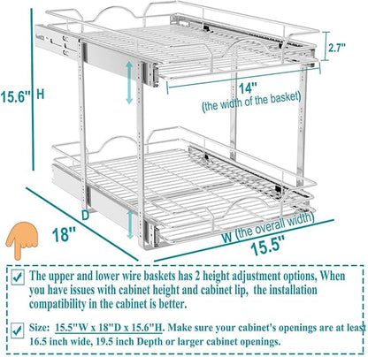 OCG 2 Tier Pull Out Cabinet Organizer (15.5" W x 18" D), Pull Out Drawers for Kitchen Cabinets, Pull Out Shelves for Base Cabinet Organization in Kitchen Bathroom Pantry, Chrome Finish