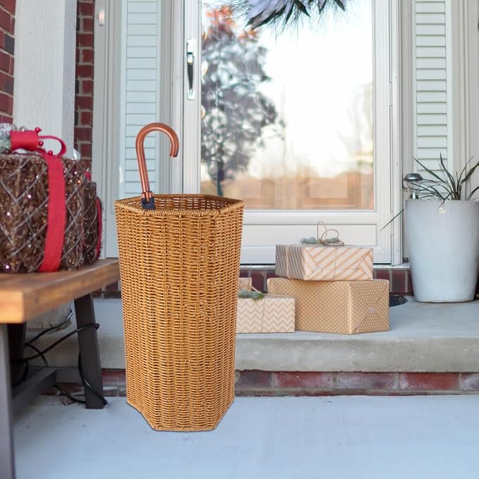 Artificial Rattan Umbrella Stand 15.55In Indoor Umbrella Storage Bucket with Drainage Tray for Entryway and Yoga Mat Organizer