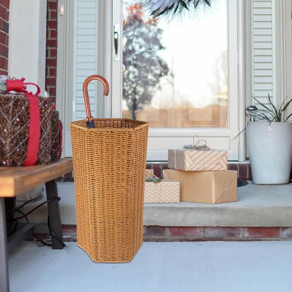 Artificial Rattan Umbrella Stand 15.55In Indoor Umbrella Storage Bucket with Drainage Tray for Entryway and Yoga Mat Organizer