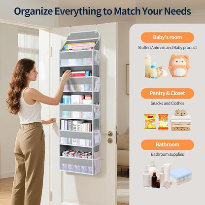 Yecaye Over The Door Organizer Storage, 5-Tier Heavy Duty Door Organizers Hanging with 10 Side Mesh Pockets, 44 lbs Load Capacity Behind Door Storage for Bathroom Nursery Bedroom Dorm Closet,Grey,1Pc