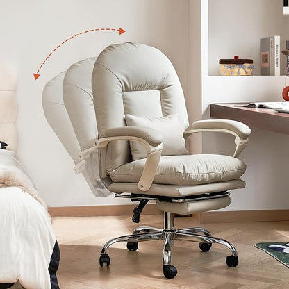 EMIAH Office Chair with Foot Rest Criss Cross Chair with Wheels Ergonomic Reclining Executive Office Chair Mid Back Genuine Leather Swivel Computer Chairs Lumbar Support for Home Office (Beige)
