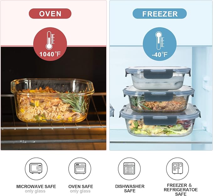 coccot Glass Food Storage Containers with Lids Airtight, Glass Meal Prep Containers for Lunch Food, Container Set, Easy to Open& Close/Microwave,Oven,Freezer,Dishwasher Safe/Leak-Proof（20 Pieces）