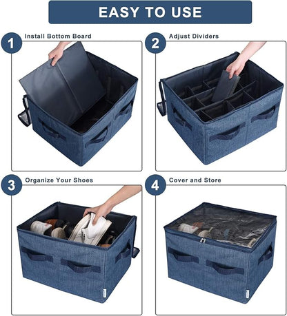 Moteph Shoe Organizer Closet Storage Solution with Clear Cover & Adjustable Dividers for Shoes, Handbags, Blankets, Linen, Clothing (Medium - 16 Pairs, Navy Blue)