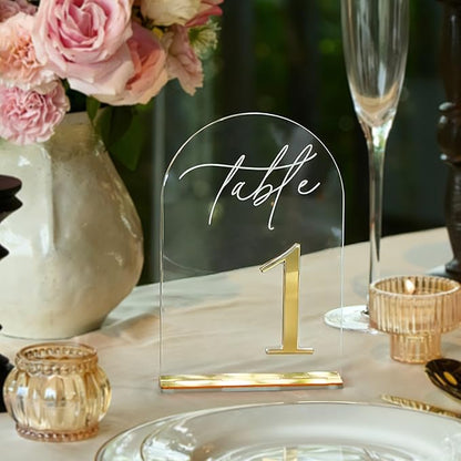 Crystal Clear Acrylic Wedding Table Numbers 1-20 Set, Self-Standing Modern Arched Signs for Reception Seating, Anniversary & Bridal Shower, Elegant Wedding Decor (5x7 Inches)