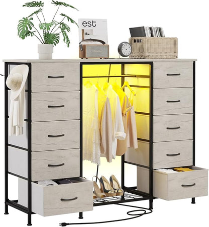 LUMTOK 55W 2-in-1 Dresser with Hanging Rack, 10 Drawers Dresser for Bedroom,Dressers with Fabric Drawers,LED Lights, Charging Station and Hanging Racks for Bedroom (Greige)