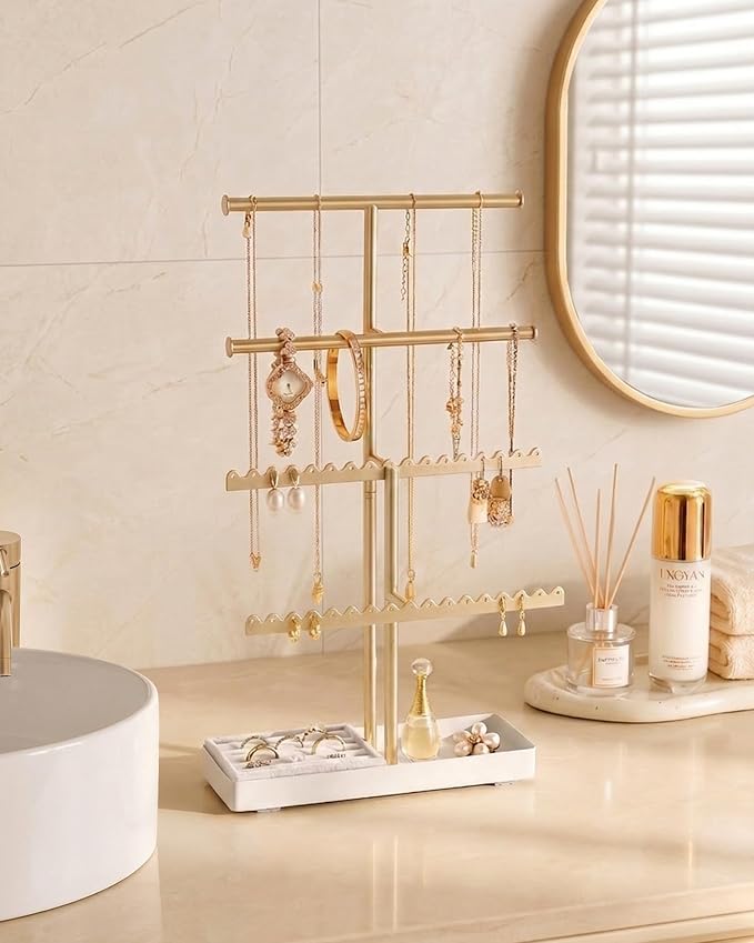 Lolalet 4-Tier Jewelry Organizer Stand, Metal Jewellery Holder, Dresser Display Rack for Necklace Earring Bracelets Rings, Gift for Women Girls -Gold
