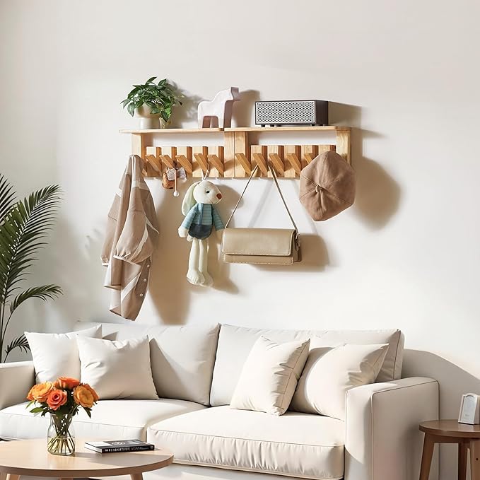 YMYNY Coat Rack Wall Mount with Shelf, Wall Shelf with Retractable Hooks, Wooden Wall Coat Rack for Hanging Clothes/Coats/Keys/Hats/Towels/Bags, Natural, HWS008N