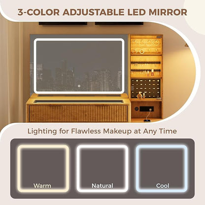 Garvee Vanity Desk with Lighted Mirror, Makeup Vanity with Charging Station, Glass Top Dressing Table with Cushioned Storage Stool for Bedroom, Natual Wood