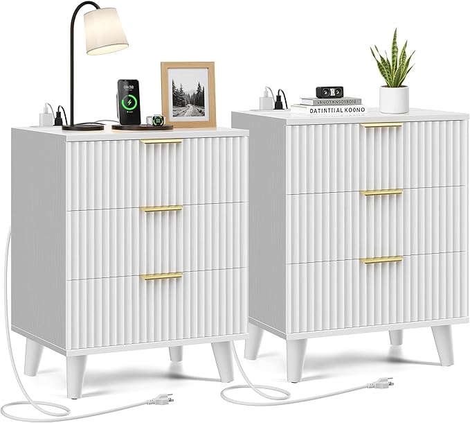 White Fluted nightstands Set of 2, 20 inch Modern Nightstand with Charging Station Wood Bedside End Table with 3 Large Storage Drawers, Tall Side Table for Bedroom Sofa Office