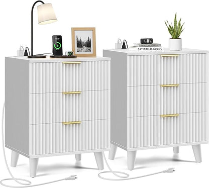 White Fluted nightstands Set of 2, 20 inch Modern Nightstand with Charging Station Wood Bedside End Table with 3 Large Storage Drawers, Tall Side Table for Bedroom Sofa Office