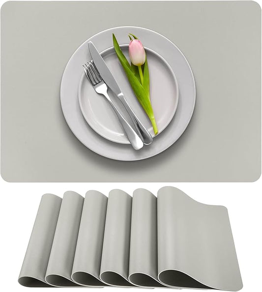 More Décor Faux Leather Placemats Set of 6 for Dining Table – Waterproof, Wipeable, Washable, Stain & Heat Resistant, Non-Slip Table Mats – 12 X 17 Inch, (Solid Silver 6)