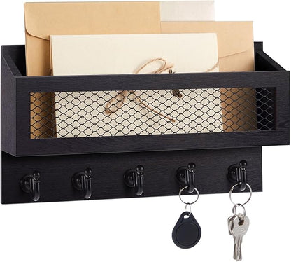 Magnetic Mail and Key Holder for Wall Fridge Wooden Mail Organizer with 5 Key Hooks for Home Bedroom Fridge Kitchen Decorative(Black)