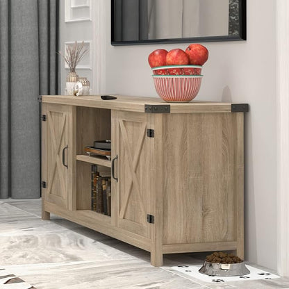 YESHOMY Modern Farmhouse TV Stand with Two Barn Doors and Storage Cabinets for Televisions up to 65+ Inch, Entertainment Center Console Table, Media Furniture for Living Room, 58 Inch, White Oak