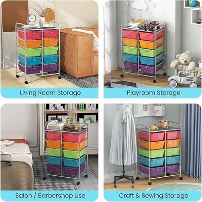 LDAILY 10 Drawer Rolling Cart, Storage Cart Organizer on Wheels, Drawer Cart with Metal Frame & Large Storage Capacity, Rolling Cart with Drawers for Living Room Classroom, Office