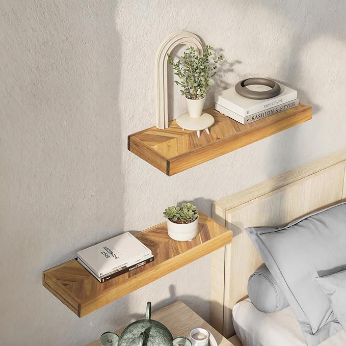 Howizz 24" Acacia Chevron Floating Shelves Set of 2 - Wall Mounted Wooden Shelf for Stylish Home Décor - Natural Color - 24x6.7x1.5 Inches