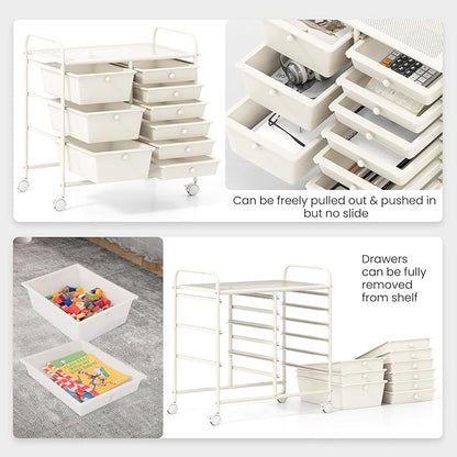 Giantex 9 Drawers Rolling Cart, Classroom Organizers, Storage Cart with Wheels, for Teacher Office Home School Supplies Tool Craft Art Paper, Ivory