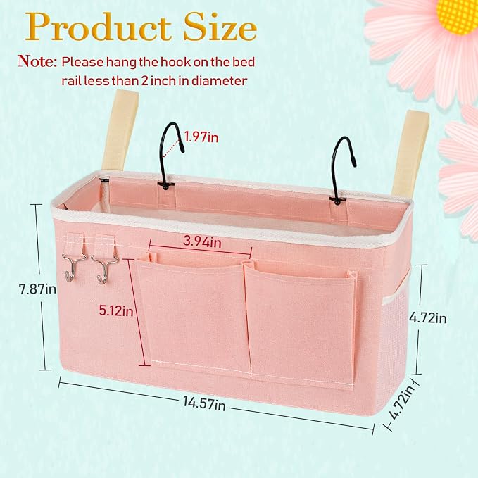 Bedside Storage Caddy/Bedside Hanging Storage Bag for Headboards Bunk Beds Dorm Rooms Book Phone Magazine Holder (Light Pink)