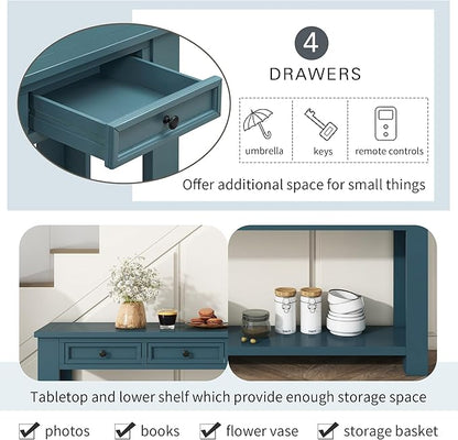 LKTART Solid Wood Console Table,63 in Long Sofa Table Entryway Table with 4 Drawers and Bottom Shelf for Hallway Living Room Couch Table,Easy Assembled (63" Dark Blue)