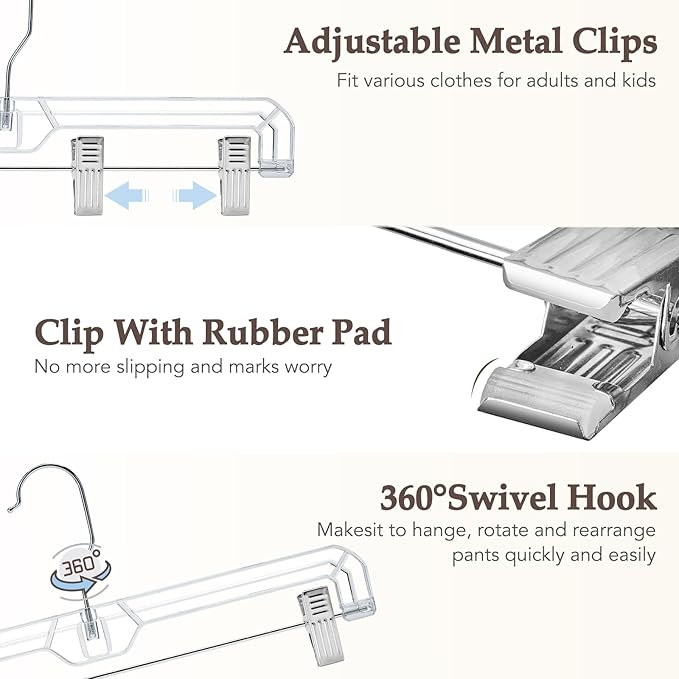 HOUSE DAY Clear Skirt Hangers with Clips, Non-Slip Plastic Pant Hanger with 2 Adjustable Clips, Upgraded Clip Hanger for Pants, Skirts, Shorts, 14" Clear Hangers 10 Pack, 360-Rotating Swivel Hook
