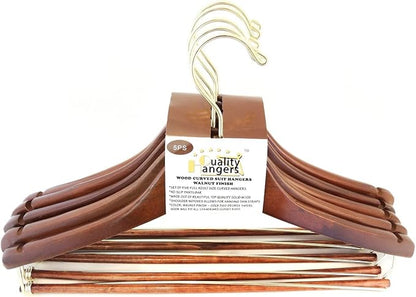 Quality Hangers Wooden Hangers Beautiful Sturdy Suit Curved Hangers Great for Travelers Heavy Duty Coat Hanger with Locking Bar Gold Hooks (5 Pack)