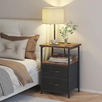 Fixwal Bedside Table with 3 Color Temperature Reading Light, Nightstand with LED Light & Charging Station End Table with Adjustable Fabric Drawer for Bedroom, Dorm, Rustic Brown