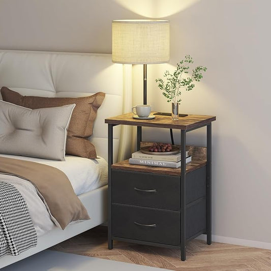 Fixwal Bedside Table with 3 Color Temperature Reading Light, Nightstand with LED Light & Charging Station End Table with Adjustable Fabric Drawer for Bedroom, Dorm, Rustic Brown