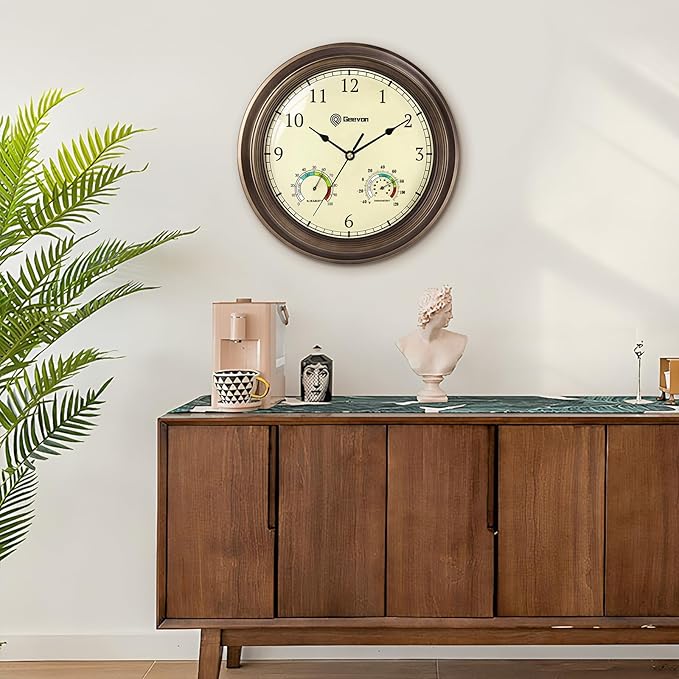 Geevon 16" Vintage Wall Clock Non Ticking with Hygrometer and Thermometer Combo,Battery Operated Quartz Decorative Wall Clocks for Home,Living Room,Office,Classroom,Kitchen,Bedroom Decor