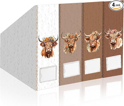 AmazingSpark Set of 4 Highland Cattle Magazine Holder Decorative Foldable Magazine Storage Boxes with Acrylic Label holders coquettish Boho organizer for office home Organization Storage