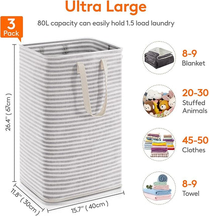 Lifewit 3 Pack Laundry Hamper Large Collapsible Laundry Baskets, Freestanding Waterproof Clothes Hamper with Easy Carry Handles in Laundry Room Bedroom Bathroom College Dorm, Grey, 3 x 80L