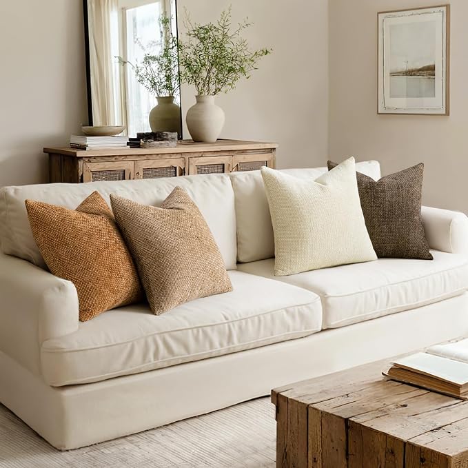 MIULEE Pack of 4 Brown Couch Throw Pillow Covers 16x16 Inch Soft Decorative Chenille Pillows Farmhouse Accent Cushions for Boho Home Decor Spring Sofa Bedroom Living Room