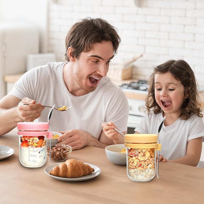 4 Pack Overnight Oats Containers with Lids and Spoons，16 Oz Glass Mason Jars for Overnight Oats Jars, Leak Proof oatmeal Container Meal Prep Jar for Cereal Salad Milk Yogurt Vegetable