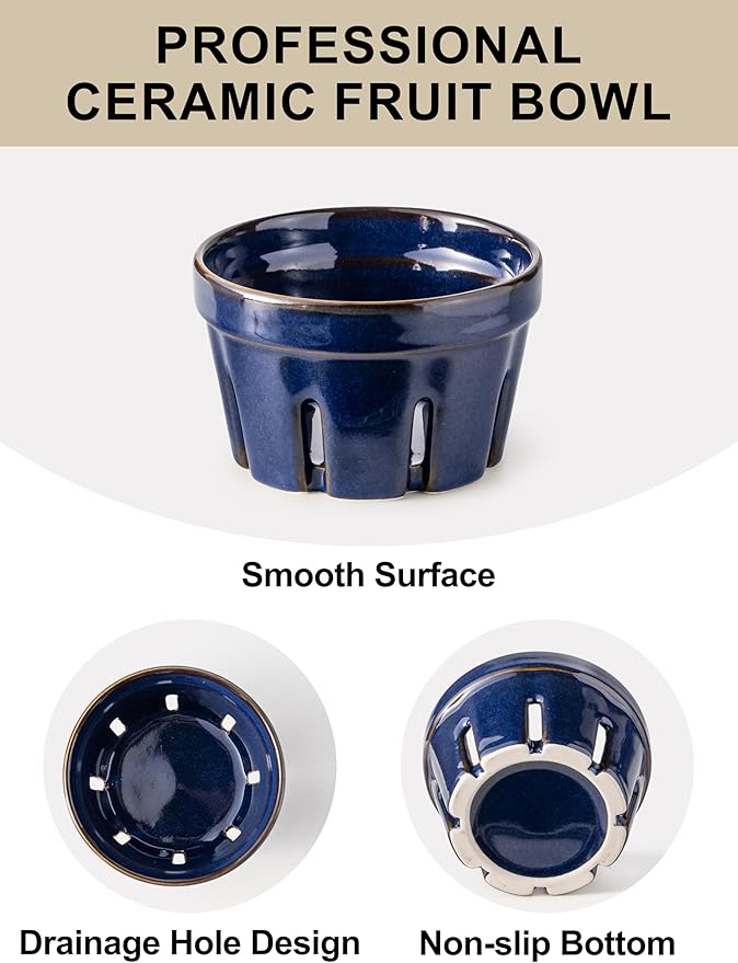 Gomakren Ceramic Fruit Basket Set of 2, Round Fruit Bowl with Holes, Fruit Storage Containers for Fridge, Small Berry Basket for Kitchen, Berries, Strawberry, Grape, Cherry - Cobalt Blue