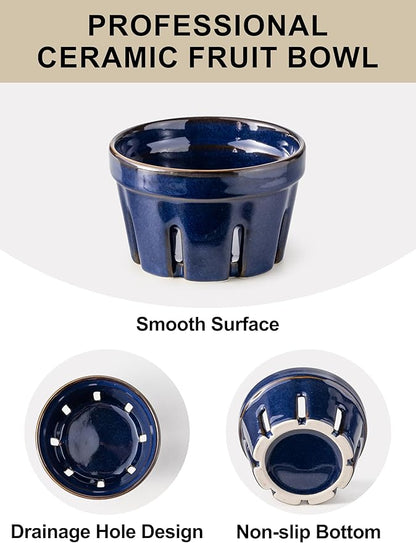 Gomakren Ceramic Fruit Basket Set of 2, Round Fruit Bowl with Holes, Fruit Storage Containers for Fridge, Small Berry Basket for Kitchen, Berries, Strawberry, Grape, Cherry - Cobalt Blue