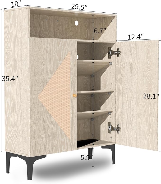 Shoe Cabinet Storage for entryway, Rattan Shoe Cabinet with Double Doors, 3 Adjustable Shelves, Slim Modern Shoe Organizer Cabinet with Open top Shelf and Metal Legs