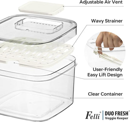 Felli Duo Fresh Veggie Keeper for Fridge with Vent & Drain Trays, LARGE Fruit Vegetable Storage Container for LONG Produce Veggie, Cabbage Celery Lettuce Asparagus Zucchini Saver for Refrigerator