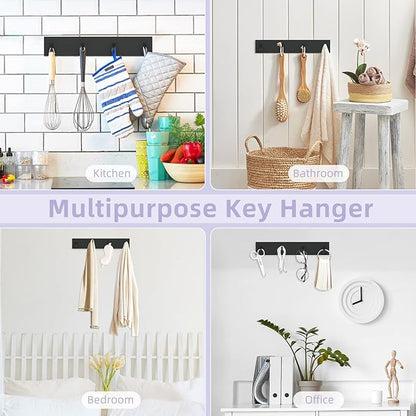VIS'V Key Holder Wall Mount, Large Metal Self Adhesive Key Hanger with 4 Hooks, No Drilling, Extra Adhesive Strip, Black