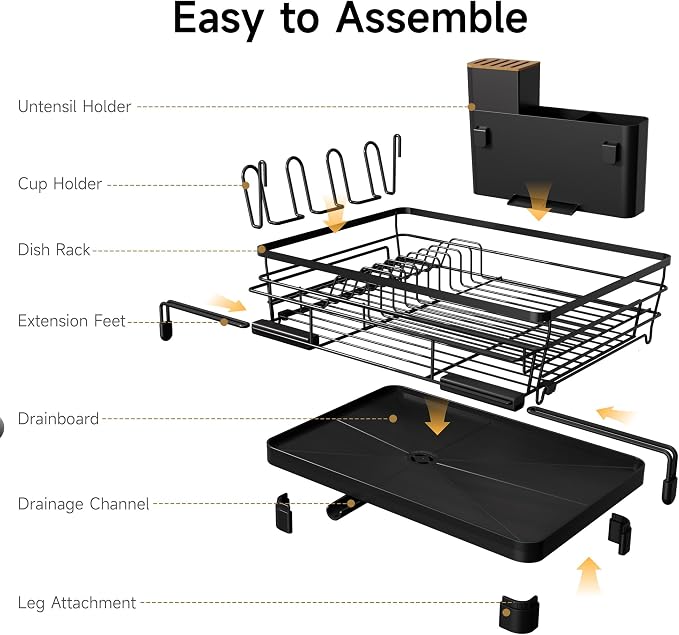Runnatal Dish Drying Rack - Expandable Dish Rack, Large Drying Dish Drainer Over Sink with Drainboard, Utensil Holder & Cup Holder, Stainless Steel Dish Strainer for Kitchen Counter, Black