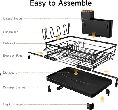 Runnatal Dish Drying Rack - Expandable Dish Rack, Large Drying Dish Drainer Over Sink with Drainboard, Utensil Holder & Cup Holder, Stainless Steel Dish Strainer for Kitchen Counter, Black