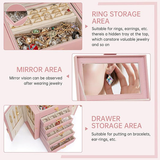 AKOZLIN 6-Tier Jewelry Box Organizer Functional 5 Drawers Leather Jewelry Storage Case for Women Girls Ring Necklace Earring Bracelet Holder Organizer with Mirror Medium Pink