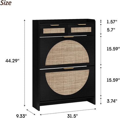 Rattan Shoe Storage Cabinet with 2 Flip Drawers & 2 Drawers, Freestanding Organizer for Front Door Entrance, Hidden Narrow Shoe Rack Cabinet Storage for Entryway, Black